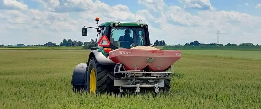 Rozsiew wapna granulowanego na 21 m na polu pszenicy